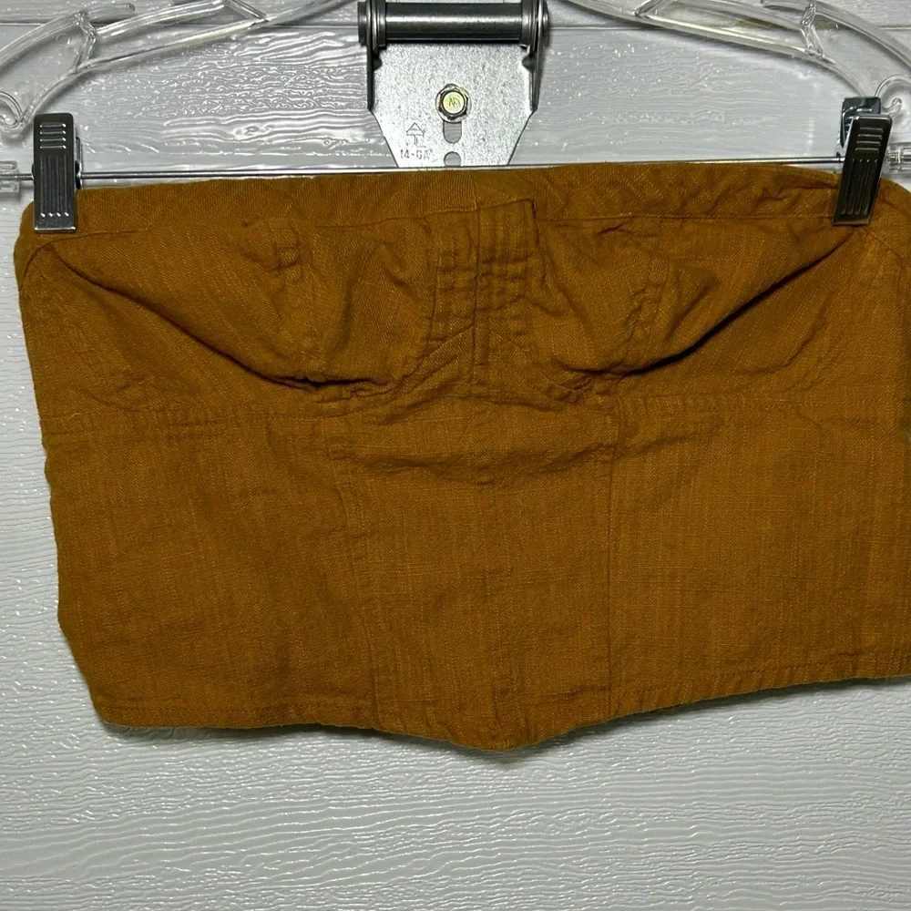 Free People Smocked Bandeau Tube Top Boho Mustard Linen Blend Strapless  S